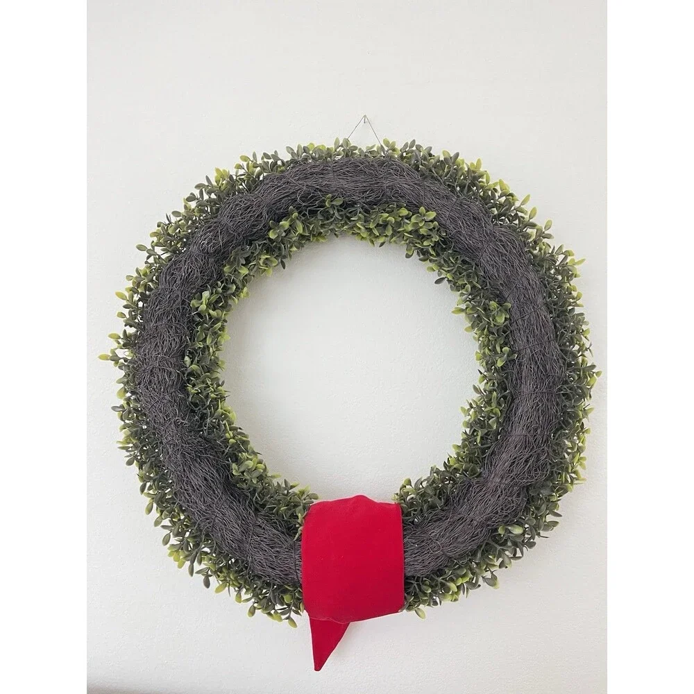 Christmas Boxwood Wreath Door Decoration, Green Foliage with Red Velvet Bow